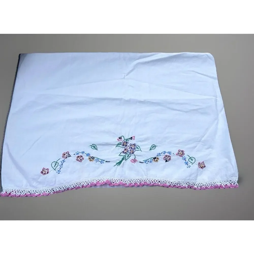 Vintage Hand Embroidered White Cotton Pillow Cover 27x20